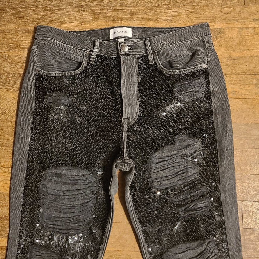 NEW NWT! FRAME DENIM SEQUIN BASQUE RIPS jeans destructed ankle cut sz 28 - Picture 3 of 7